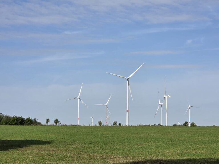 Windräder in einer monotonen, ebenen Agrarlandschaft
